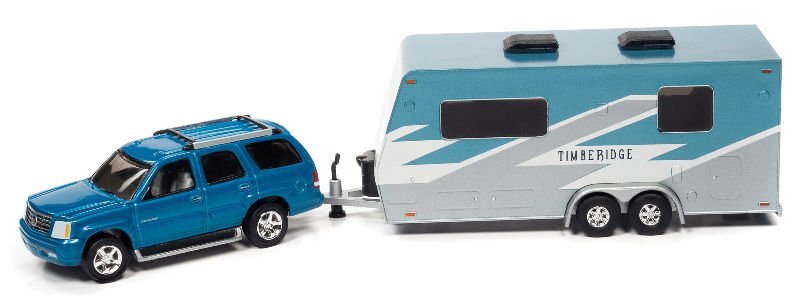 CADILLAC Escalade + Camper Trailer - 2005 - Teal - Johnny Lightning 1:64