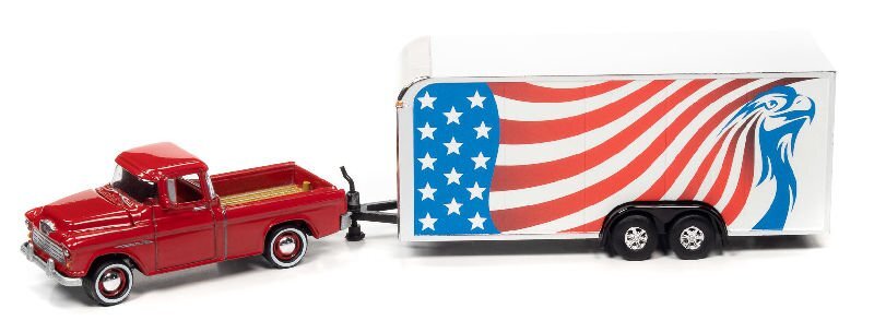 CHEVROLET Cameo + closed car trailer - 1955 - red - Johnny Lightning 1:64