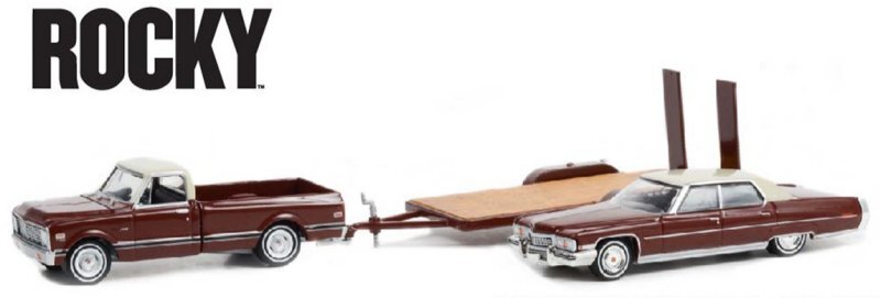 CHEVROLET C-10 1973 + Cadillac deVille 1973 + Trailer - brown - Greenlight 1:64