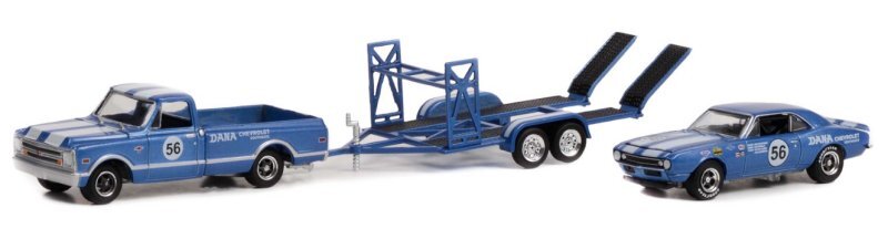 CHEVROLET 1968 C-10 + 1969 Camaro + Car Trailer - blue - Greenlight 1:64