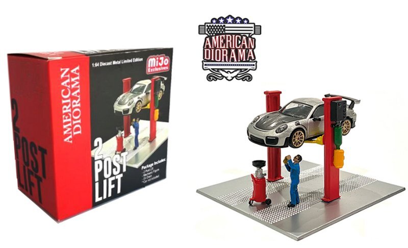 2 Post Lift with Figure & oil drain - limited - red - American Diorama 1:64