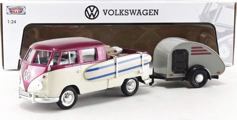 VW Volkswagen T1 Type II with trailer - cream / pink - MotorMax 1:24